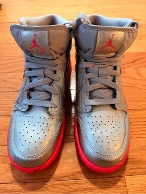 Jordan Kids' Silver High-Top Sneakers with Red Accents